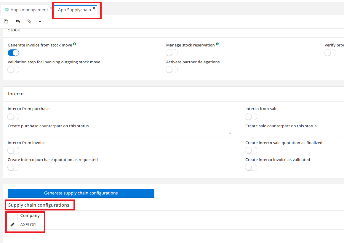 1.1. On the App Supply chain page, in the “Supply Chain
Configuration” section, click on the Company to open the Supply Chain
Configuration page by company.